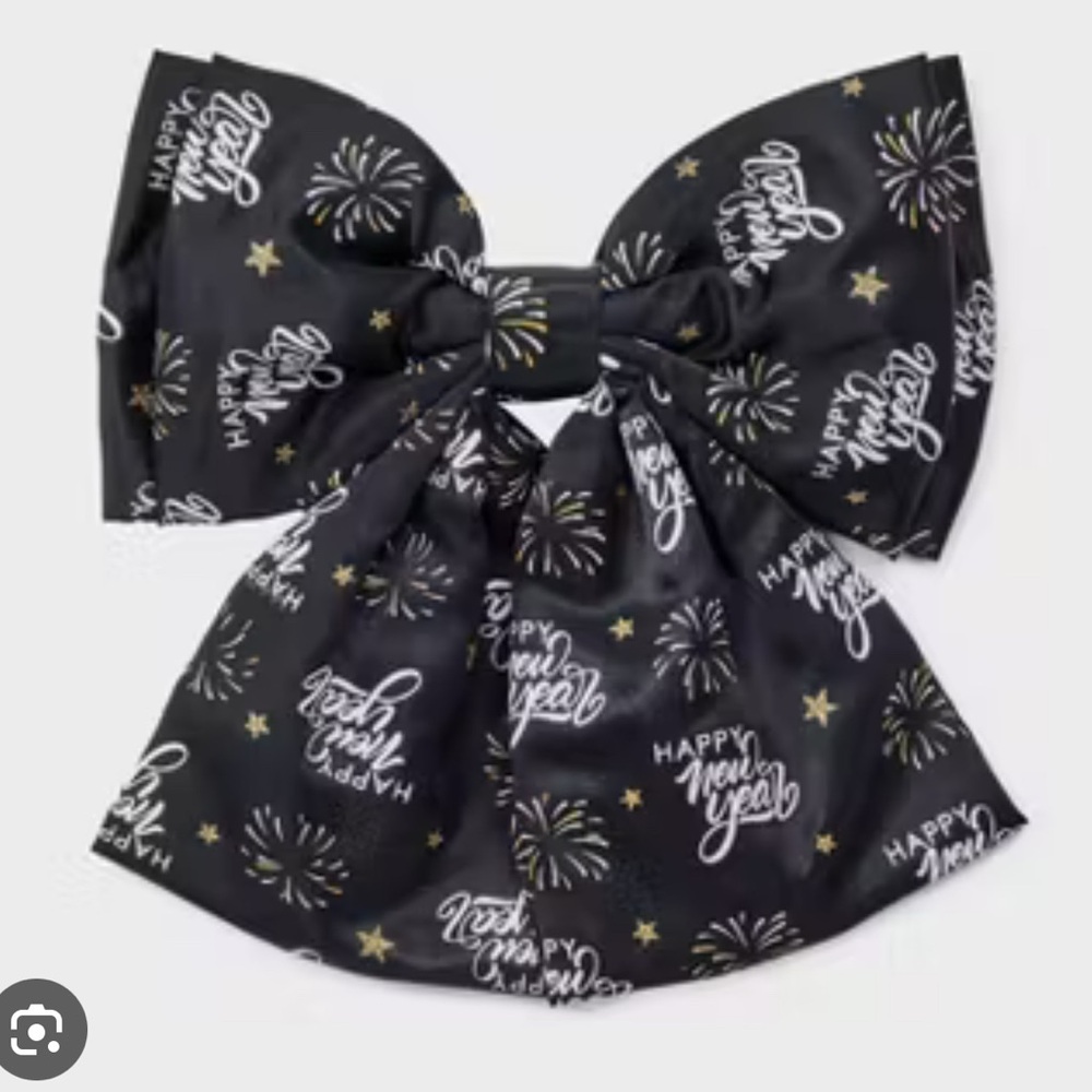 New Year's Holiday Print Fabric Bow Hair Clip - Black/Silver